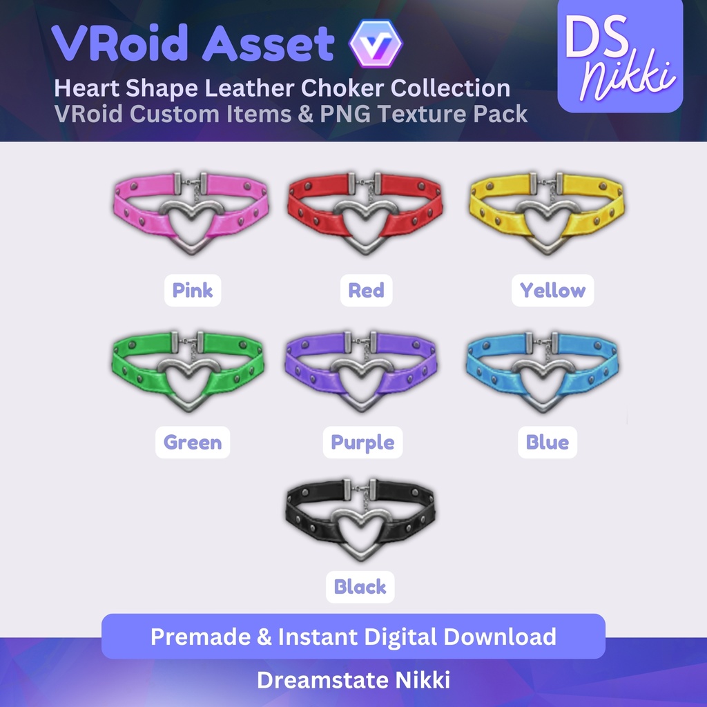 VRoid Studio Outfit – Heart Shape Leather Choker Set, VRoid Custom Items & PNG Textures Pack, VTuber Clothes, Digital Asset