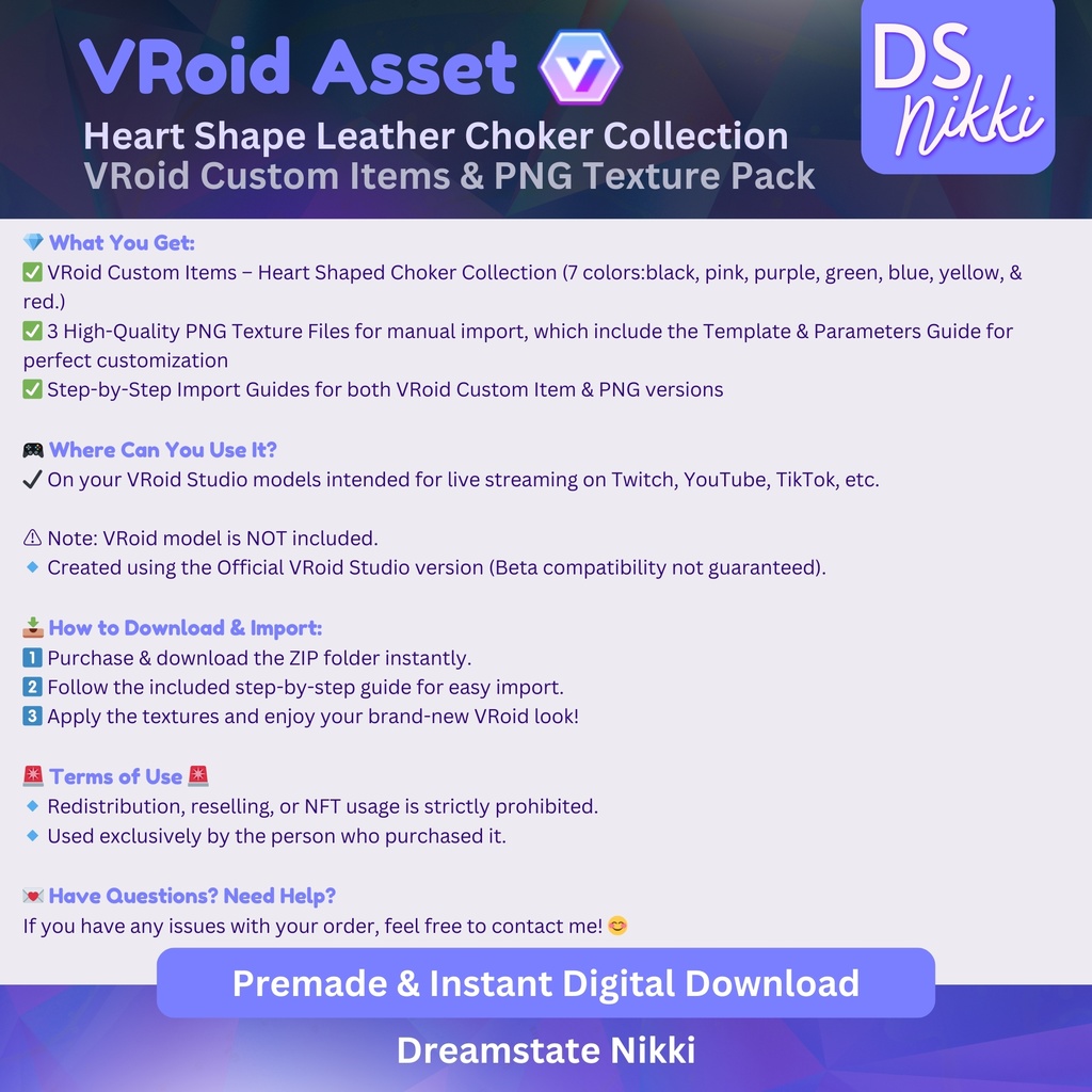 VRoid Studio Outfit – Heart Shape Leather Choker Set, VRoid Custom Items & PNG Textures Pack, VTuber Clothes, Digital Asset