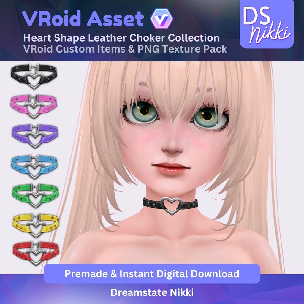 VRoid Studio Outfit โ Heart Shape Leather Choker Set, VRoid Custom Items & PNG Textures Pack, VTuber Clothes, Digital Asset