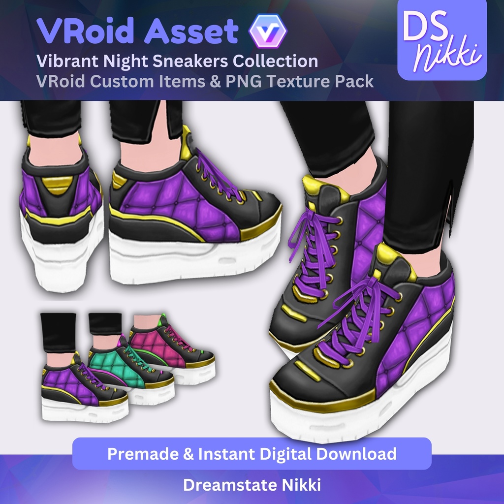 VRoid Studio Outfit โ Stylish Vibrant Night Sneakers, VRoid Custom Items & PNG Textures Pack, VTuber Clothes, Digital Asset