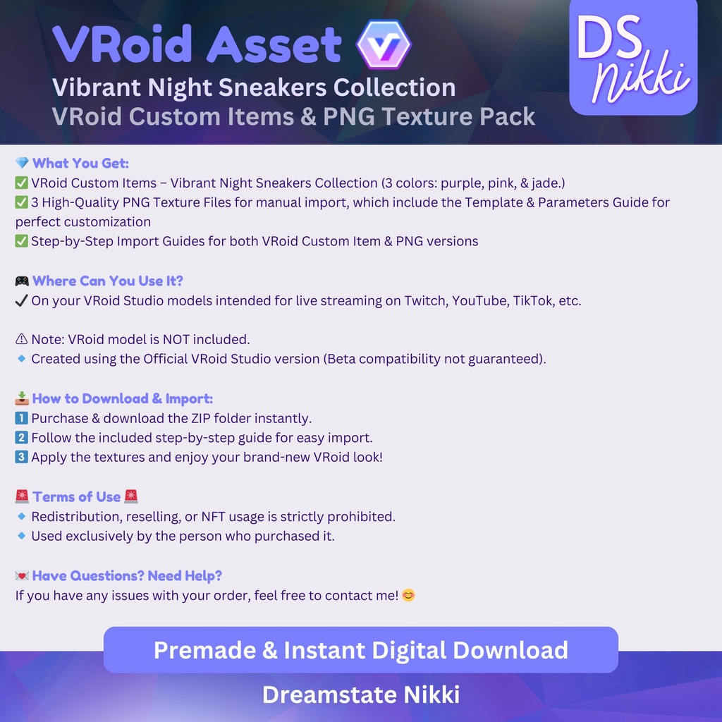 VRoid Studio Outfit – Stylish Vibrant Night Sneakers, VRoid Custom Items & PNG Textures Pack, VTuber Clothes, Digital Asset