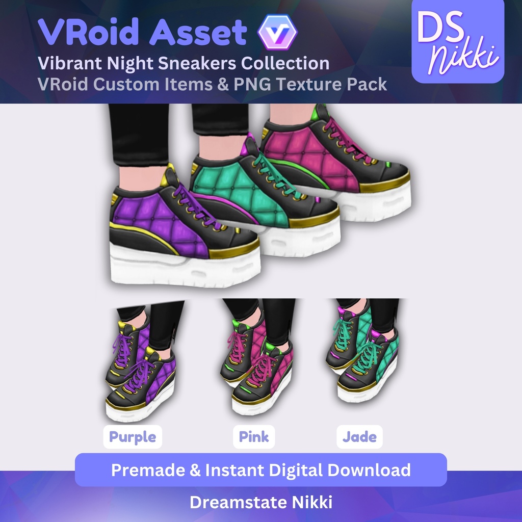 VRoid Studio Outfit – Stylish Vibrant Night Sneakers, VRoid Custom Items & PNG Textures Pack, VTuber Clothes, Digital Asset
