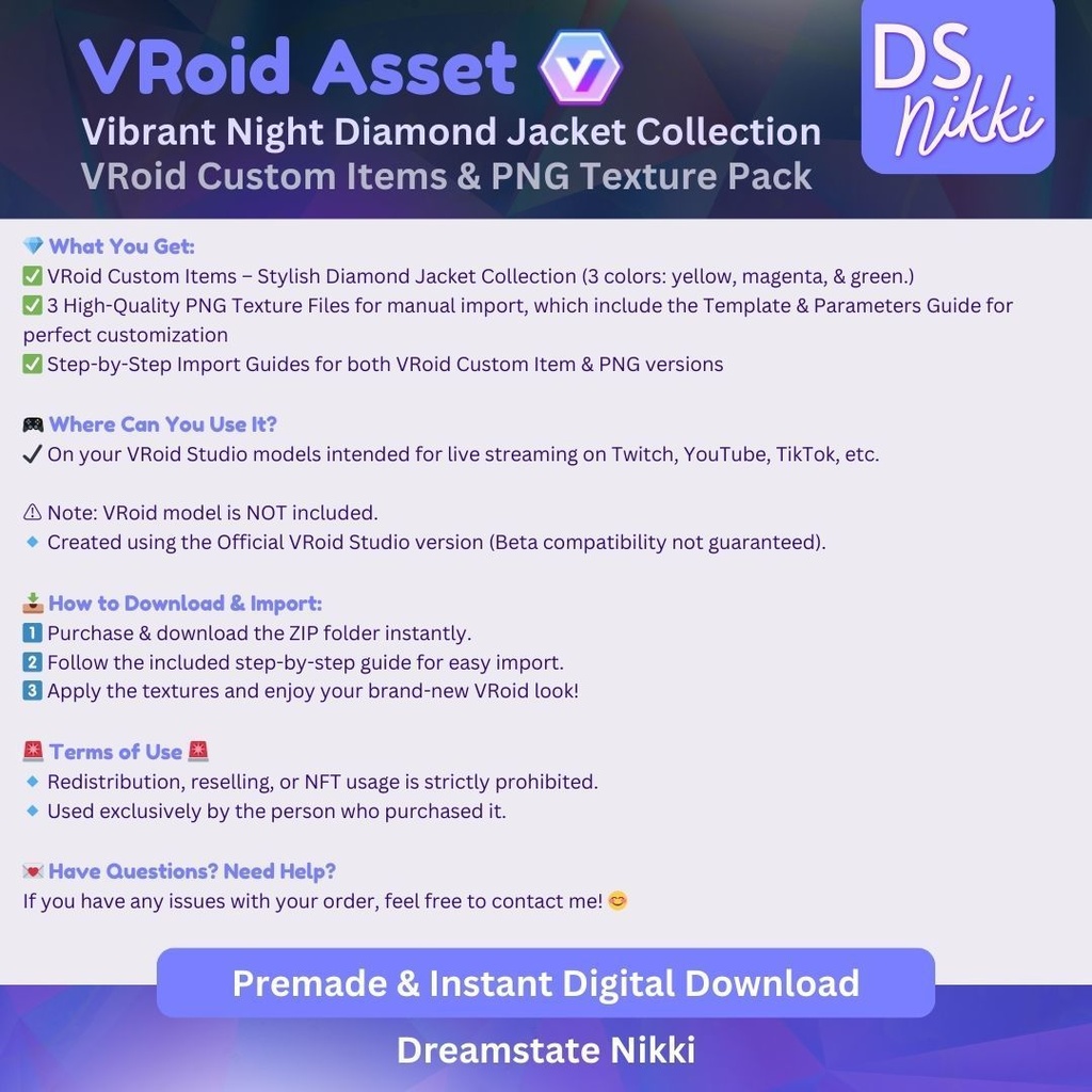 VRoid Studio Outfit – Stylish Diamond Jacket Set, VRoid Custom Items & PNG Textures Pack, VTuber Clothes, Digital Asset