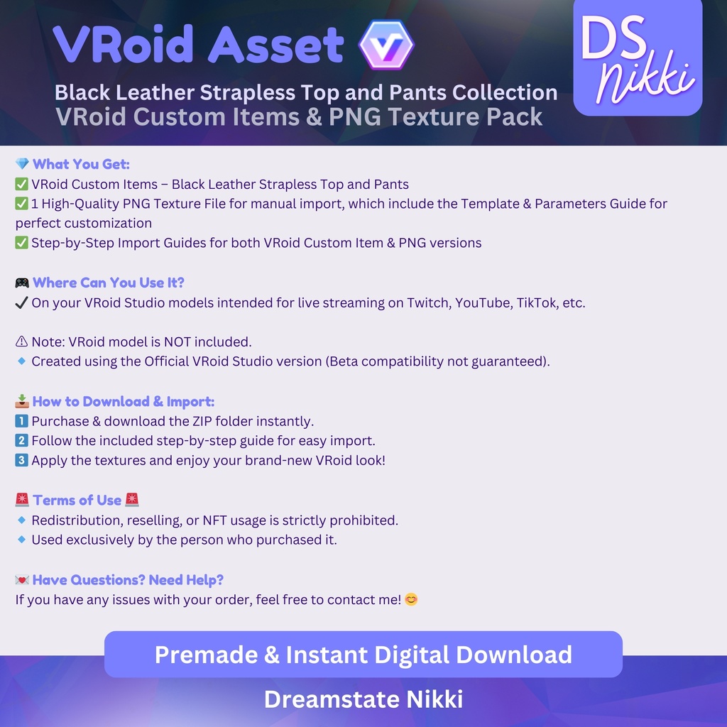 VRoid Studio Outfit – Stylish Black Leather Strapless Top and Pants, VRoid Custom Items & PNG Textures Pack, VTuber Clothes, Digital Asset