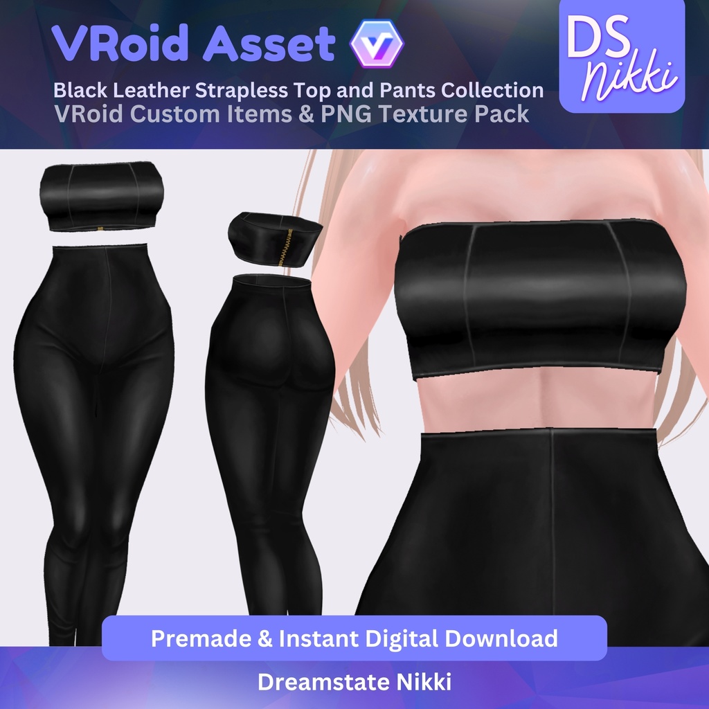 VRoid Studio Outfit – Stylish Black Leather Strapless Top and Pants, VRoid Custom Items & PNG Textures Pack, VTuber Clothes, Digital Asset