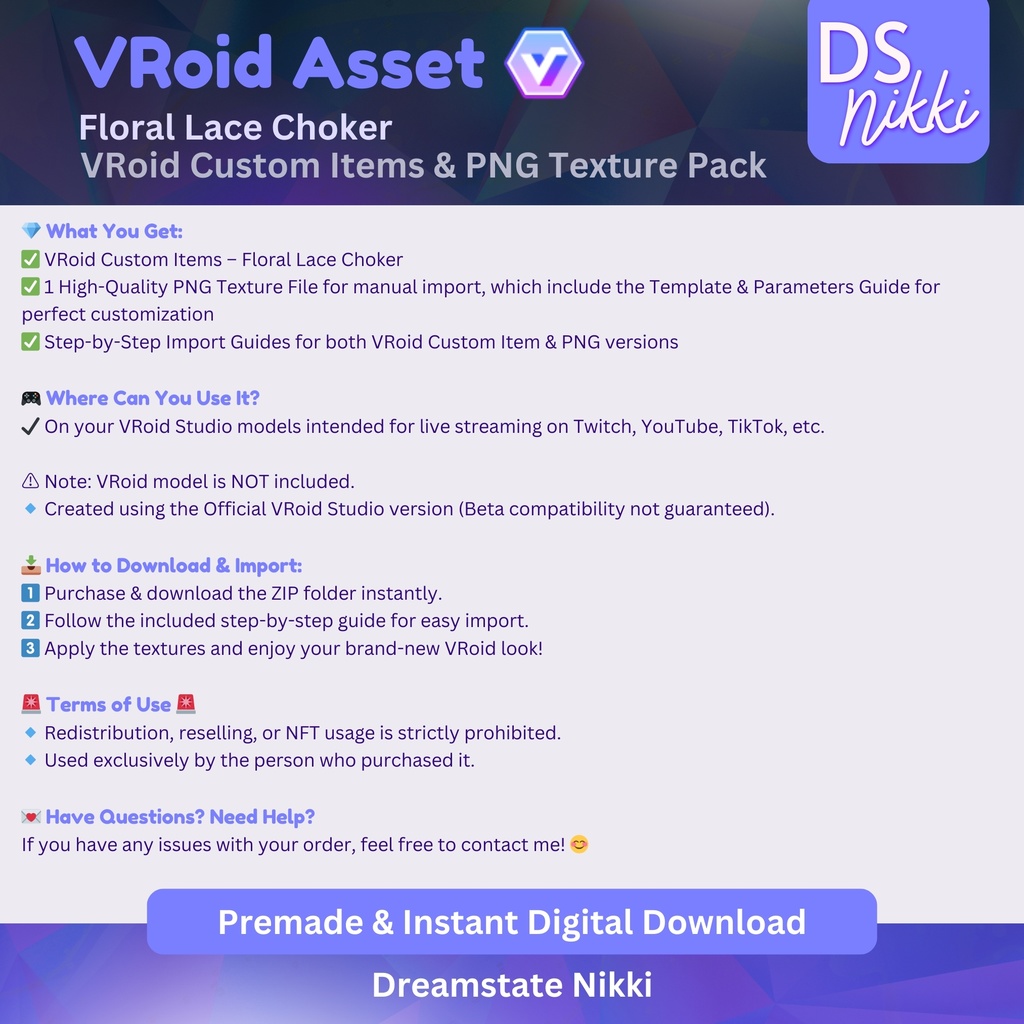 VRoid Studio Outfit – Stylish Floral Lace Choker, VRoid Custom Items & PNG Textures Pack, VTuber Clothes, Digital Asset