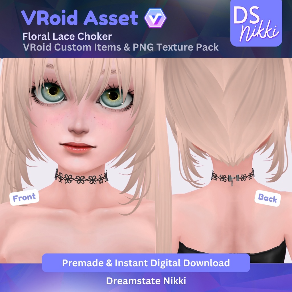 VRoid Studio Outfit – Stylish Floral Lace Choker, VRoid Custom Items & PNG Textures Pack, VTuber Clothes, Digital Asset