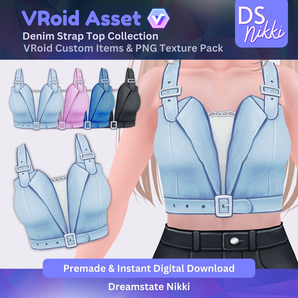 VRoid Studio Outfit – Stylish Denim Strap Top Set, VRoid Custom Items & PNG Textures Pack, VTuber Clothes, Digital Asset