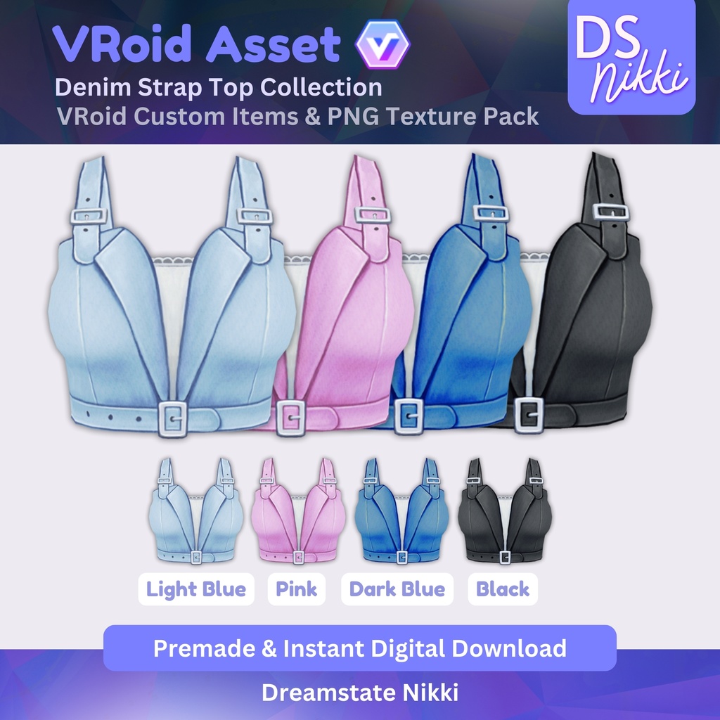 VRoid Studio Outfit – Stylish Denim Strap Top Set, VRoid Custom Items & PNG Textures Pack, VTuber Clothes, Digital Asset