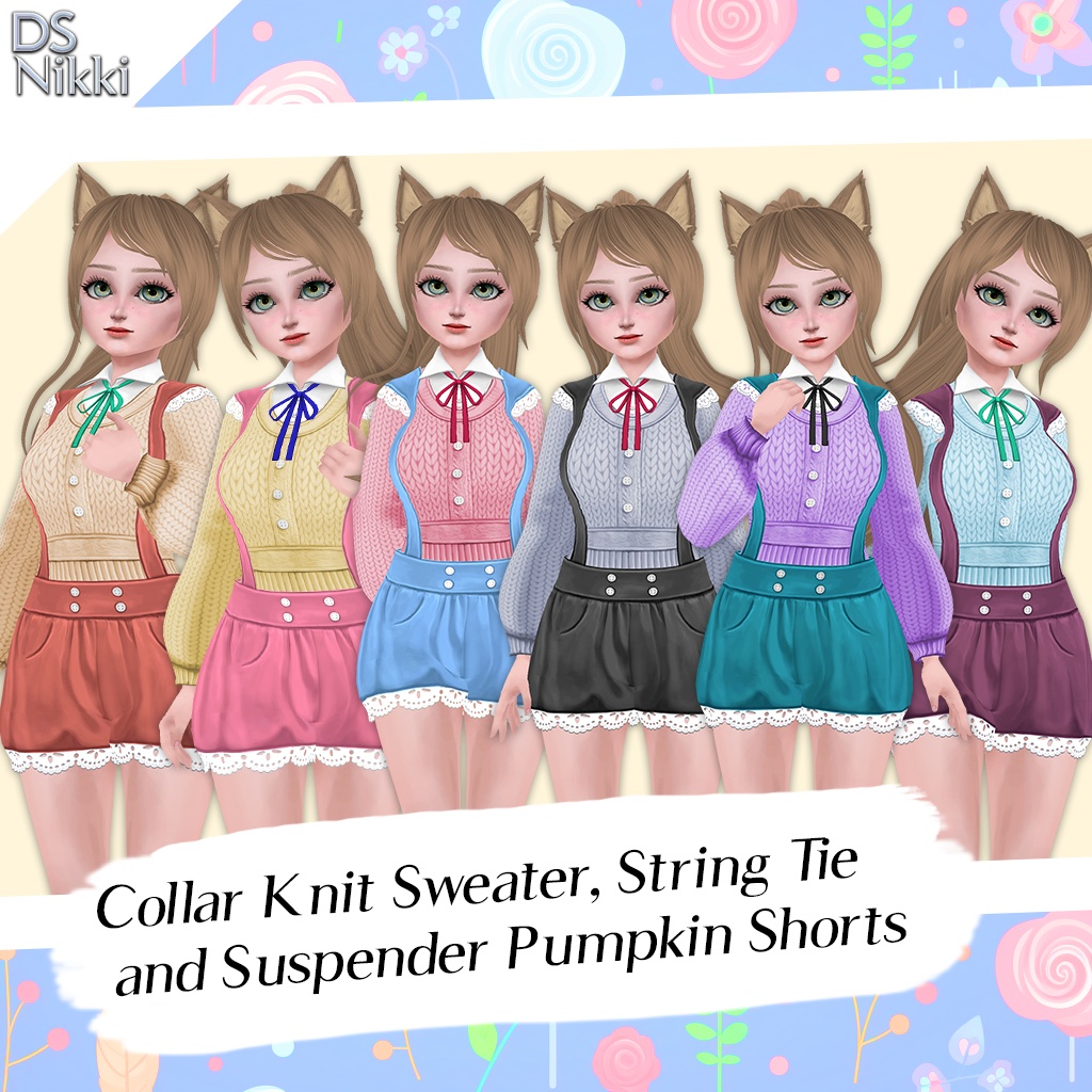 Vroid Collar Knit Sweater, Suspender Pumpkin Shorts and String Tie Colors Set Textures