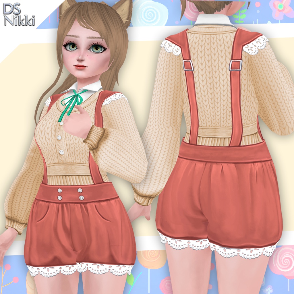 Vroid Collar Knit Sweater, Suspender Pumpkin Shorts and String Tie Colors Set Textures