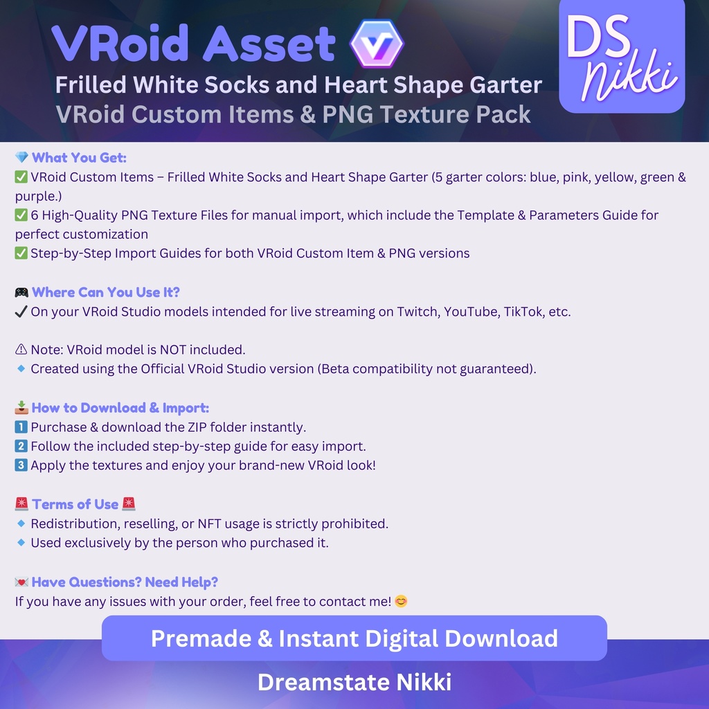 VRoid Studio Outfit – Stylish Frilled White Socks and Garters, VRoid Custom Items & PNG Textures Pack, VTuber Clothes, Digital Asset