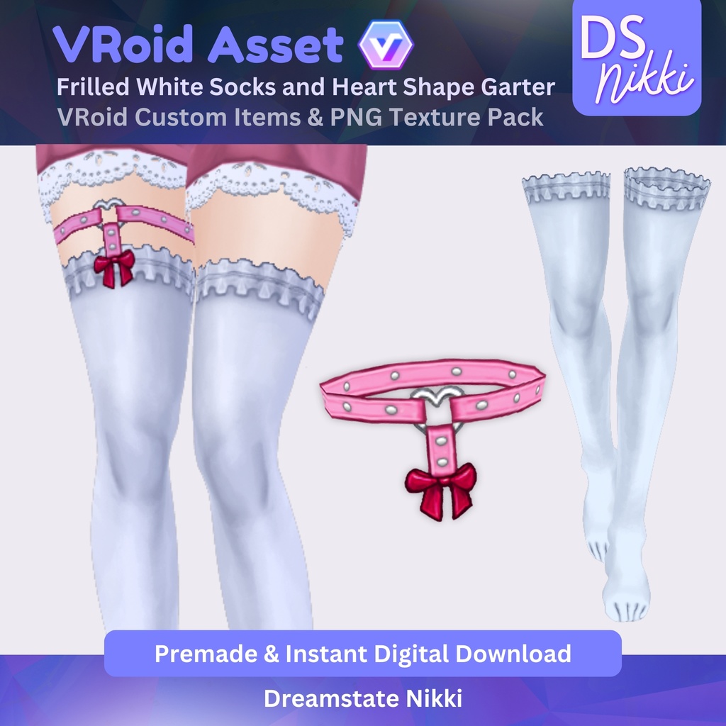 VRoid Studio Outfit โ Stylish Frilled White Socks and Garters, VRoid Custom Items & PNG Textures Pack, VTuber Clothes, Digital Asset