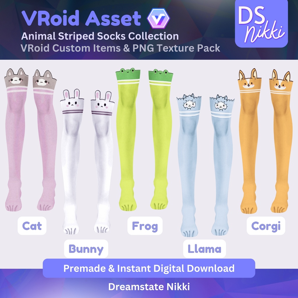 VRoid Studio Outfit – Kawaii Animal Striped Socks Set, VRoid Custom Items & PNG Textures Pack, VTuber Clothes, Digital Asset