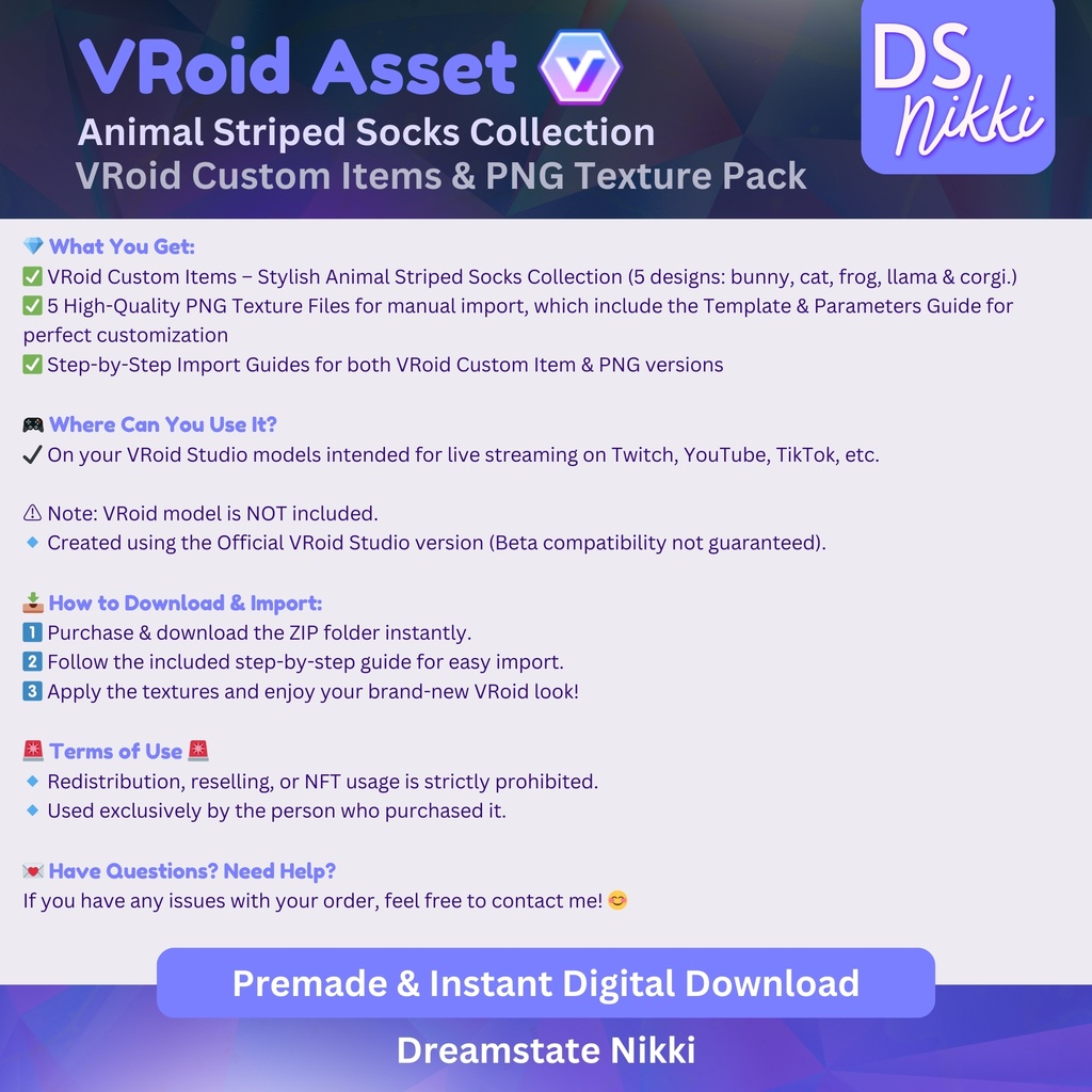 VRoid Studio Outfit – Kawaii Animal Striped Socks Set, VRoid Custom Items & PNG Textures Pack, VTuber Clothes, Digital Asset