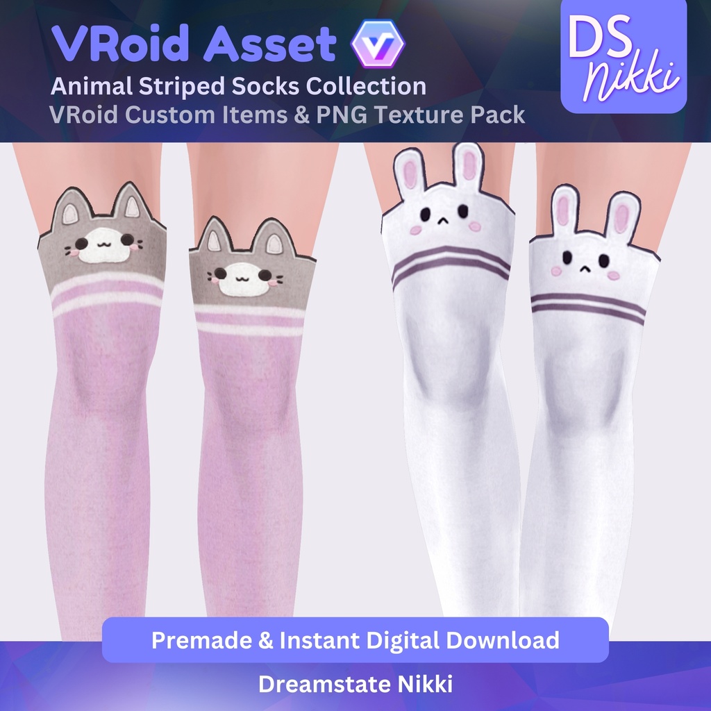 VRoid Studio Outfit – Kawaii Animal Striped Socks Set, VRoid Custom Items & PNG Textures Pack, VTuber Clothes, Digital Asset