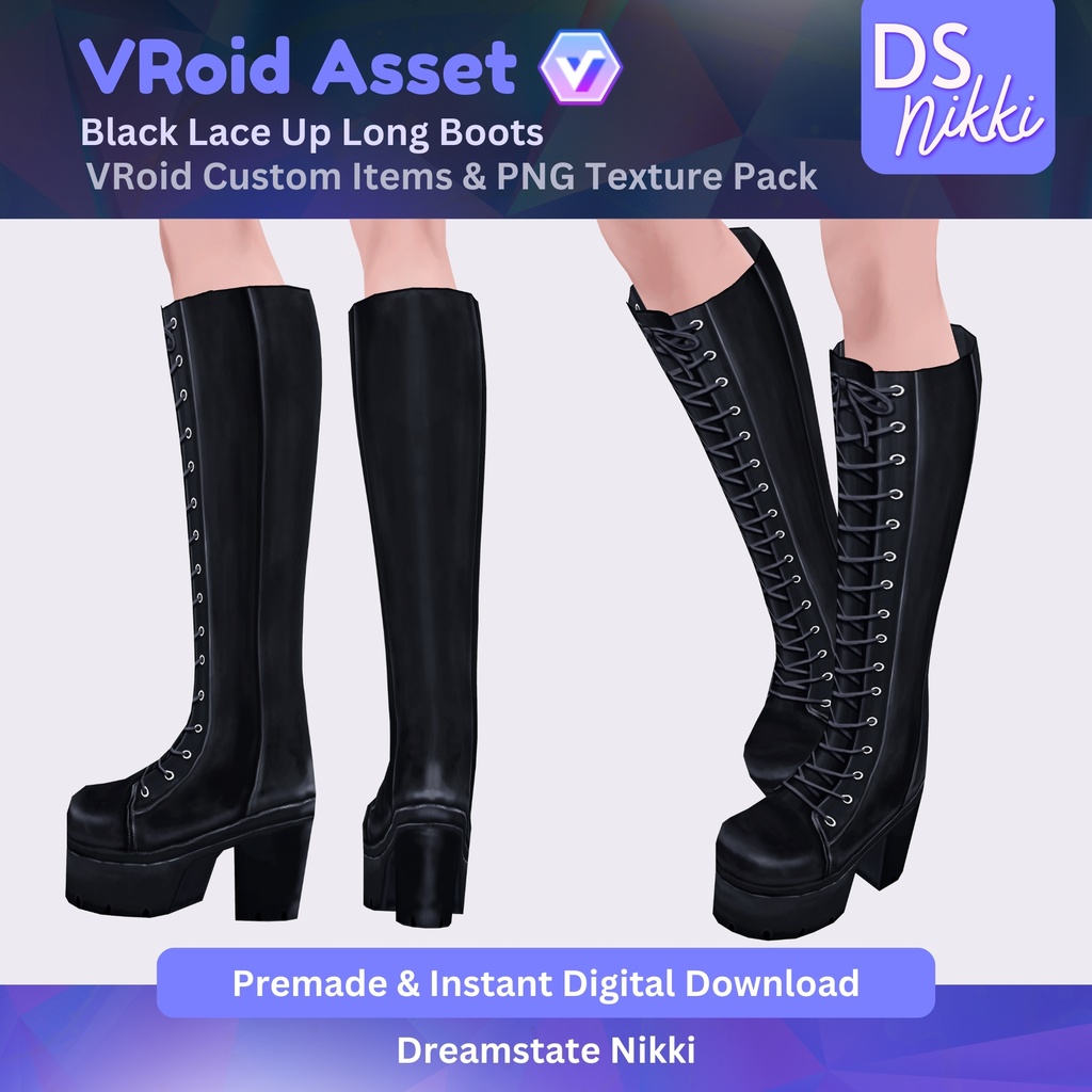 VRoid Studio Outfit – Stylish Black Lace Up Long Boots, VRoid Custom Items & PNG Textures Pack, VTuber Clothes, Digital Asset