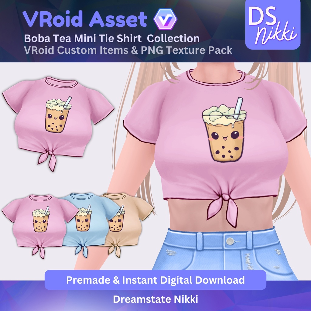 VRoid Studio Outfit – Kawaii Boba Tea Mini Tie Shirt Set, VRoid Custom Items & PNG Textures Pack, VTuber Clothes, Digital Asset
