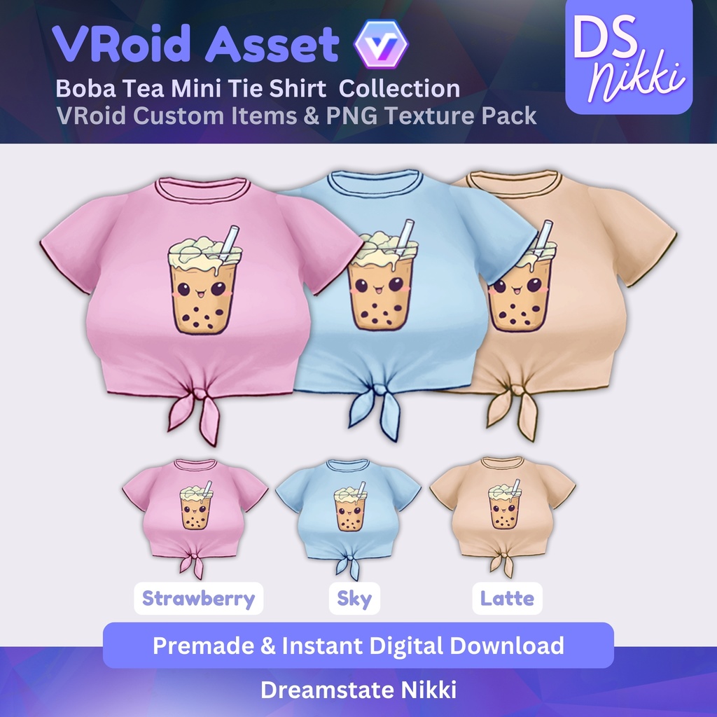 VRoid Studio Outfit – Kawaii Boba Tea Mini Tie Shirt Set, VRoid Custom Items & PNG Textures Pack, VTuber Clothes, Digital Asset