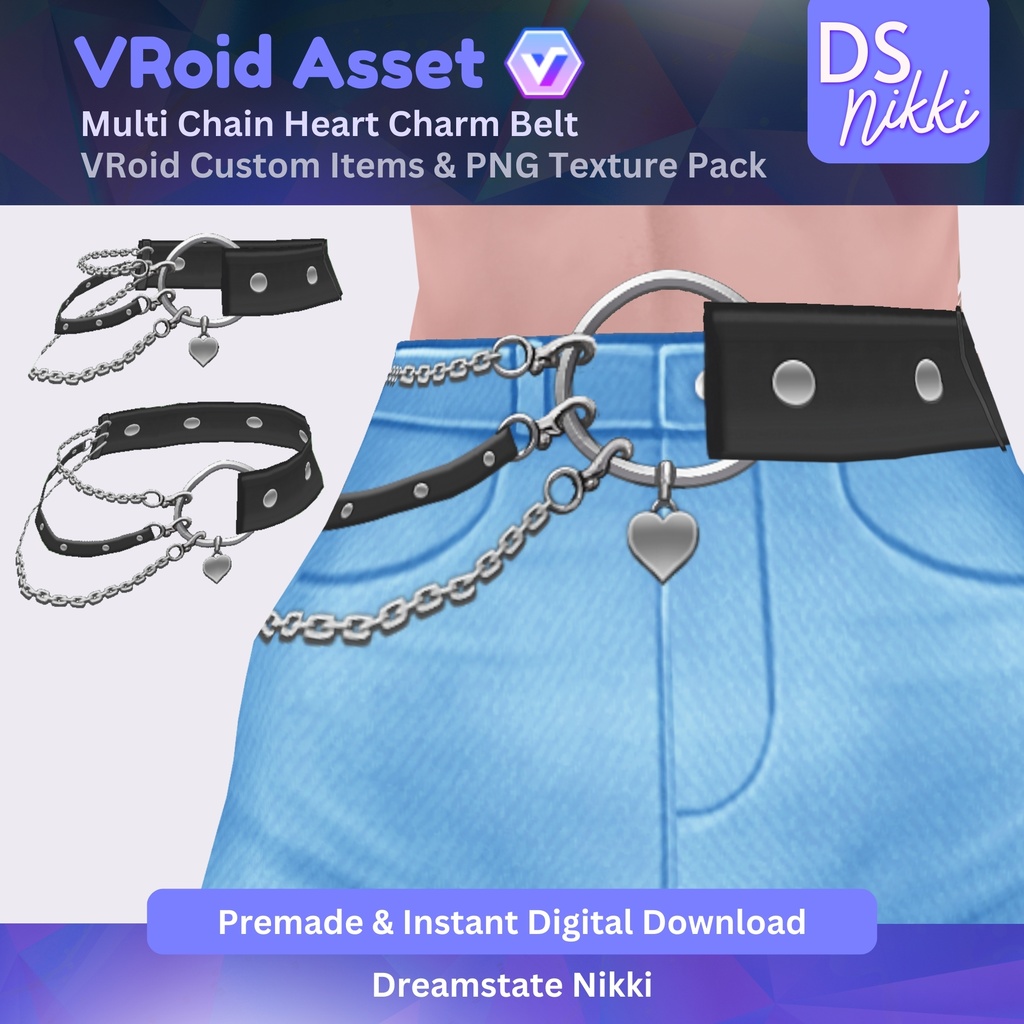 VRoid Studio Outfit – Stylish Multi Chain Heart Charm Belt, VRoid Custom Items & PNG Textures Pack, VTuber Clothes, Digital Asset