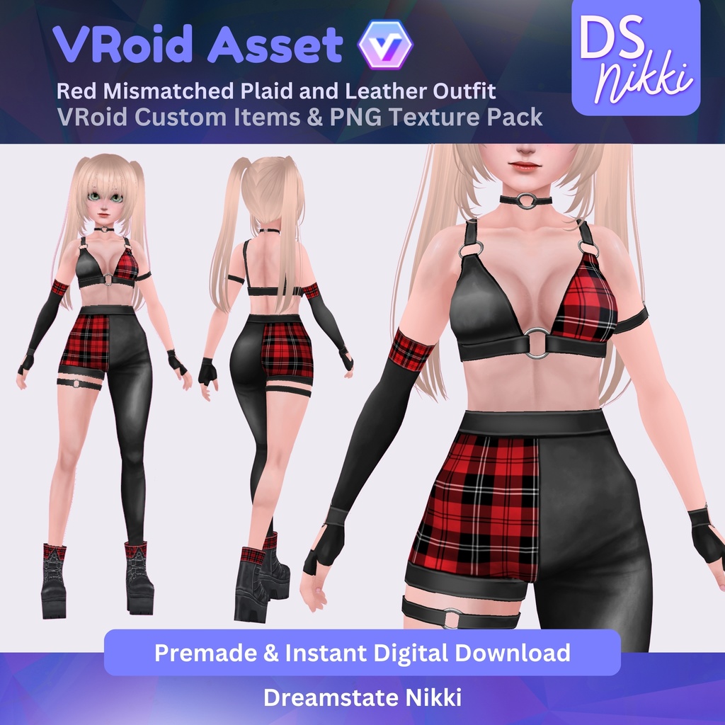 VRoid Studio Outfit – Red Mismatched Plaid and Leather Outfit, VRoid Custom Items & PNG Textures Pack, VTuber Clothes, Digital Asset