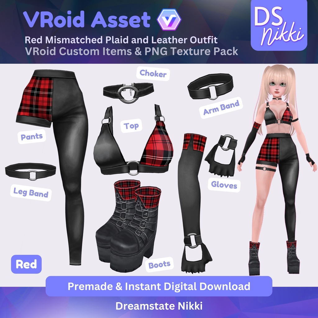 VRoid Studio Outfit – Red Mismatched Plaid and Leather Outfit, VRoid Custom Items & PNG Textures Pack, VTuber Clothes, Digital Asset
