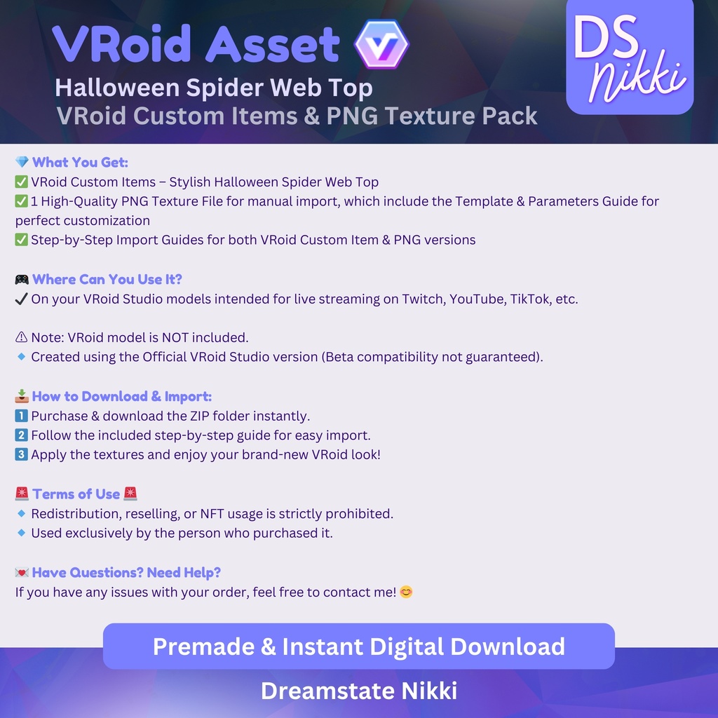 VRoid Studio Outfit – Stylish Halloween Spider Web Top, VRoid Custom Items & PNG Textures Pack, VTuber Clothes, Digital Asset