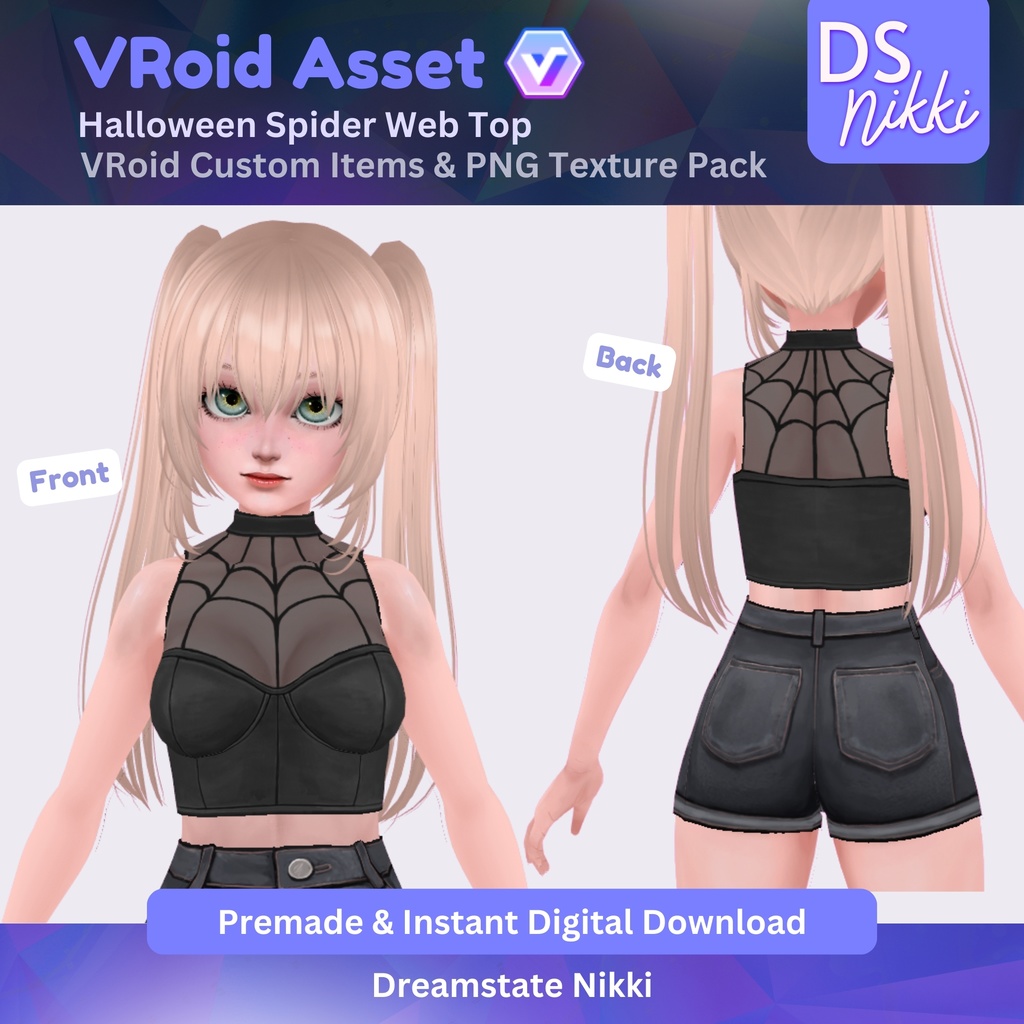 VRoid Studio Outfit – Stylish Halloween Spider Web Top, VRoid Custom Items & PNG Textures Pack, VTuber Clothes, Digital Asset