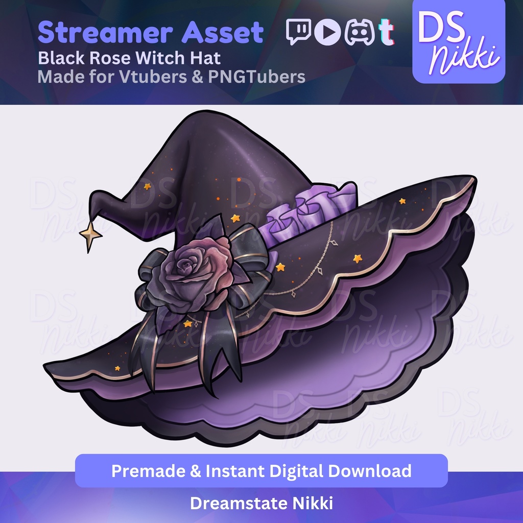Kawaii Witch Hat Vtuber Asset | Black Rose Halloween PNG Prop for Vtube, Pngtuber, Streamer, Twitch Overlay, Cute Goth Stream Decor