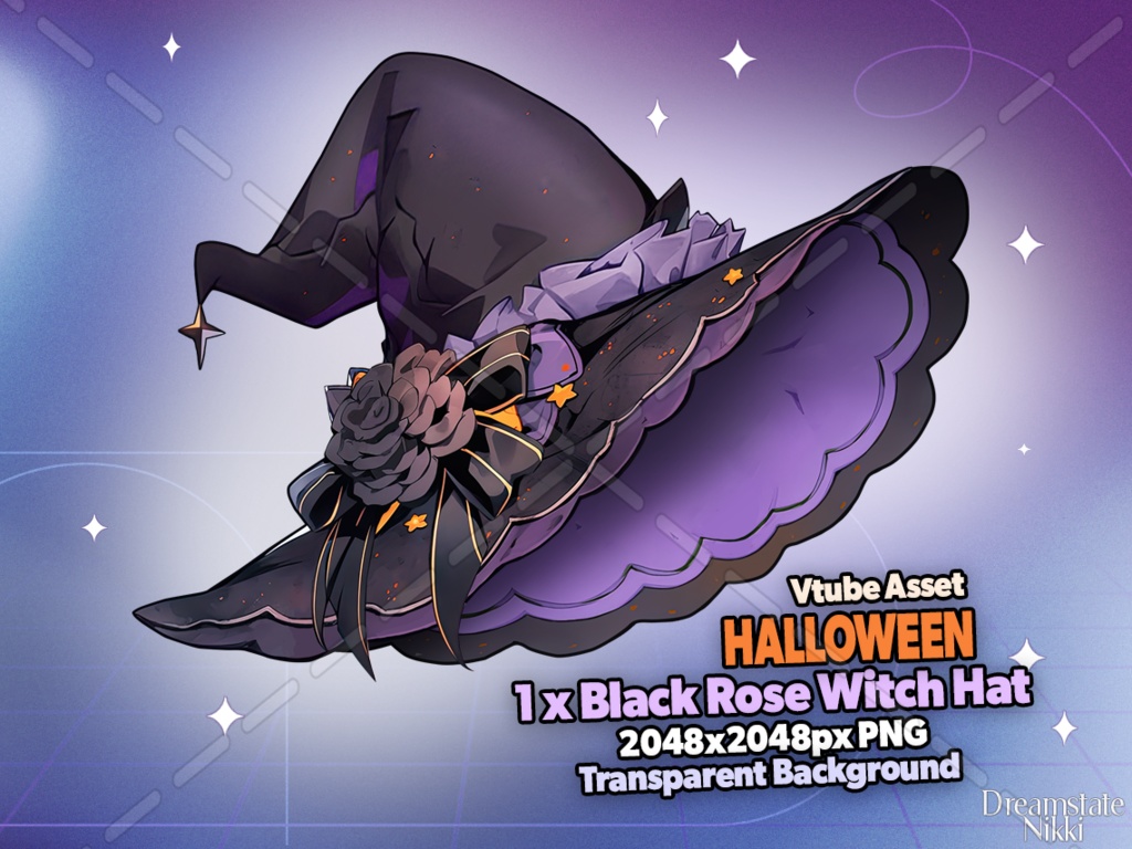 Vtuber Assets Halloween Black Rose Witch Hat, Vtube, Vtuber, Streamer, Twitch, Cute, Kawaii, Spooky, YouTube, Stream Decoration