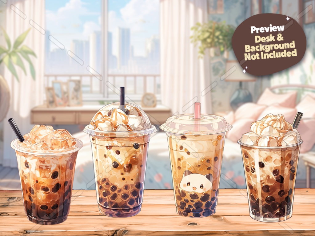 4 x Vtuber Assets Brown Sugar Boba Milk Tea, Vtube, Vtuber, Streamer, Twitch, Vtubing, Kawaii, Cute, Youtuber, Vtuber PNG Asset, Bubble Tea