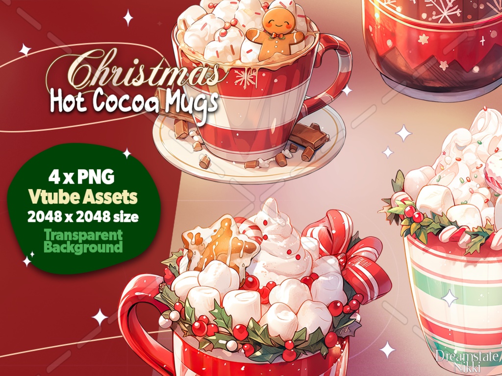 4 x Vtuber Assets Christmas Hot Cocoa Mugs, Vtube, Vtuber, Streamer, Twitch, Vtubing, Cozy, Hot Chocolate, Cute, Kawaii, Xmas Assets