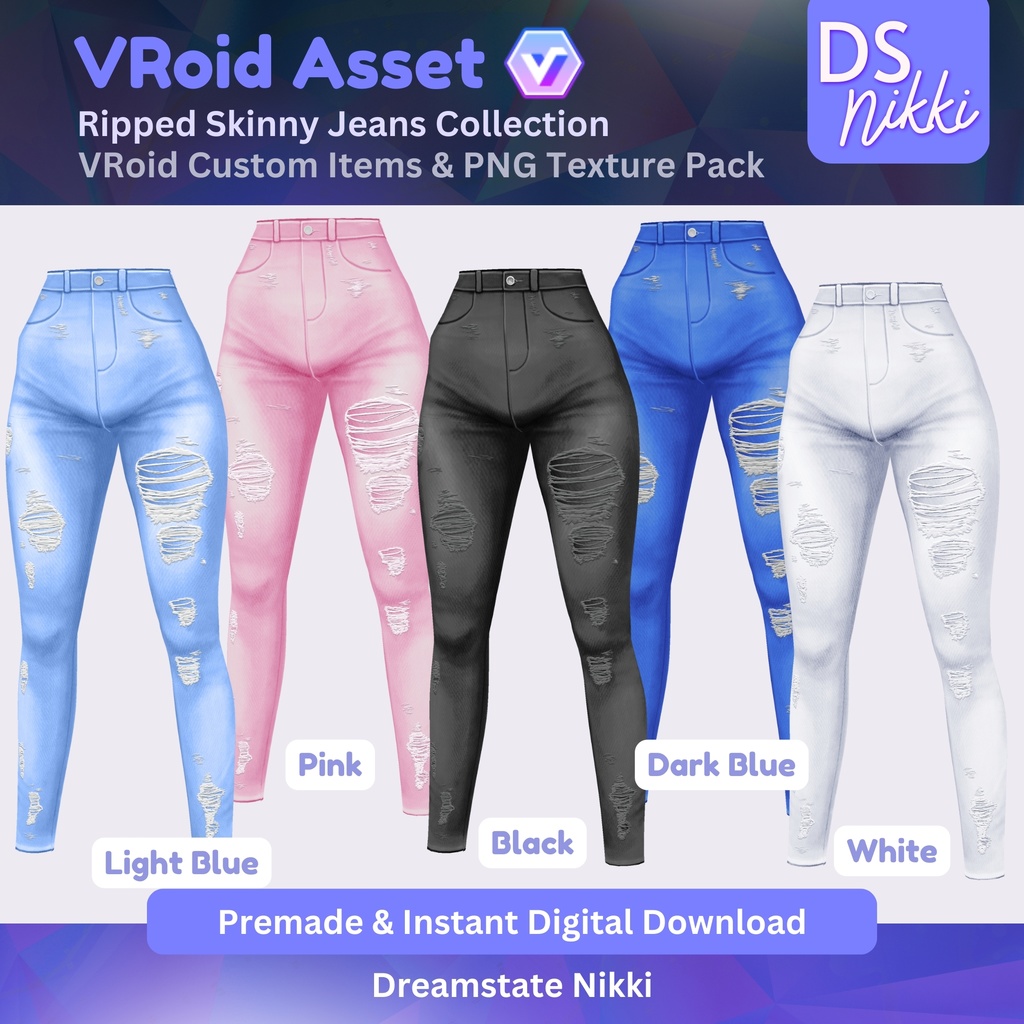 VRoid Studio Outfit – Stylish Ripped Skinny Jeans, VRoid Custom Items & PNG Textures Pack, VTuber Clothes, Digital Asset