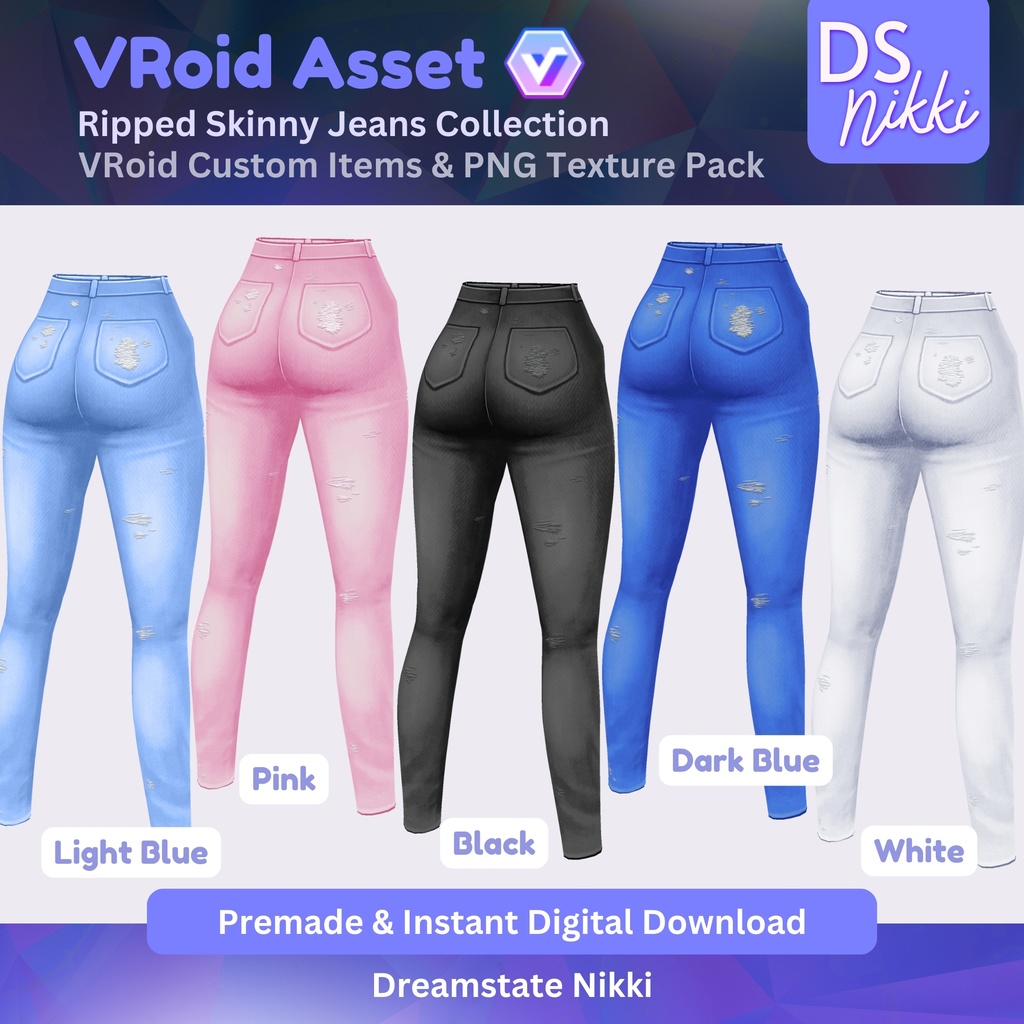 VRoid Studio Outfit – Stylish Ripped Skinny Jeans, VRoid Custom Items & PNG Textures Pack, VTuber Clothes, Digital Asset