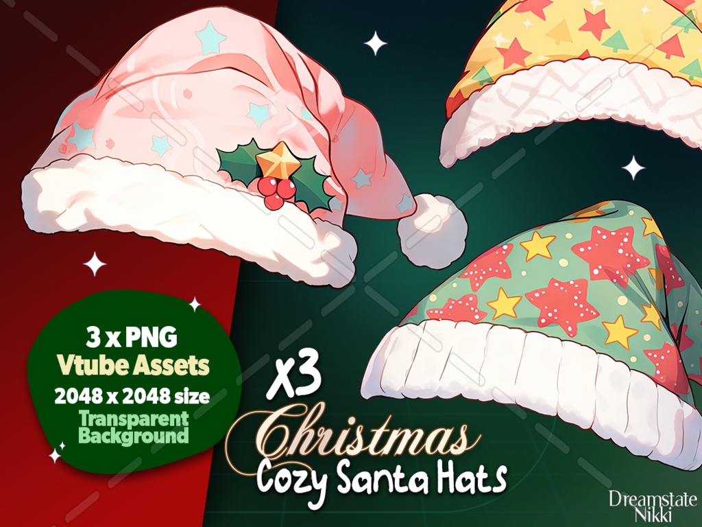 3x Vtuber Assets Christmas Cozy Santa Hats, Vtube, Vtuber, Streamer, Twitch, Cute, Kawaii, Xmas Assets, Youtube, Stream Decoration