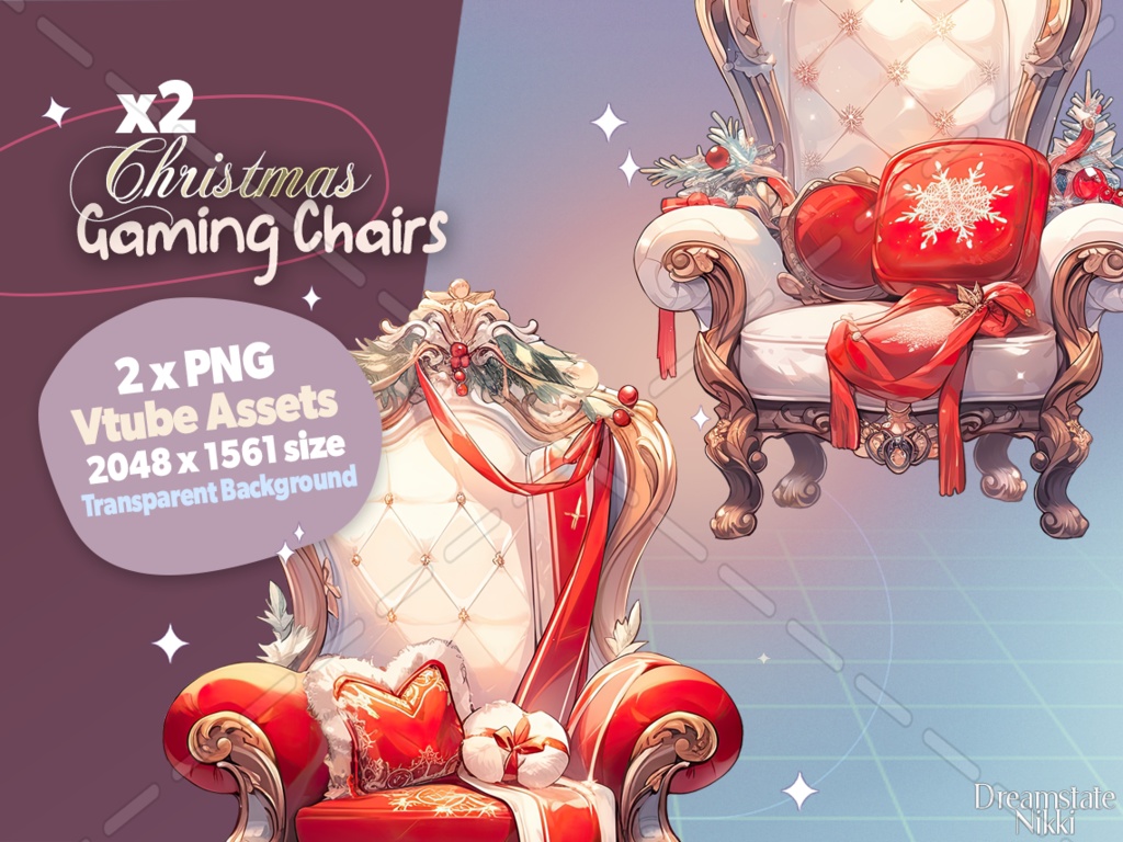 2 x Vtuber Christmas Gaming Chair Assets, stream decoration, vtuber, twitch, vtube, xmas assets, overlay, streaming, pngtuber