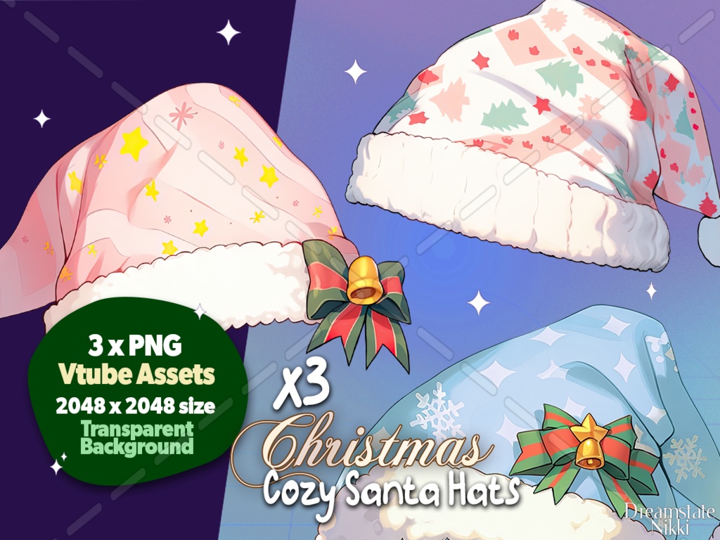 3x Vtuber Assets Christmas Cozy Santa Hats, Vtube, Vtuber, Streamer, Twitch, Cute, Kawaii, Xmas Assets, Youtube, Stream Decoration