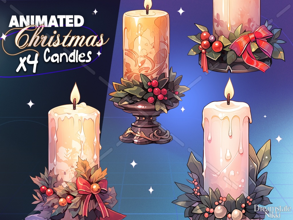 4 x Animated Christmas Vtuber Candles, Stream decoration, Vtuber Background, Vtuber Asset, Twitch Asset, Xmas Vtube Assets, Cozy
