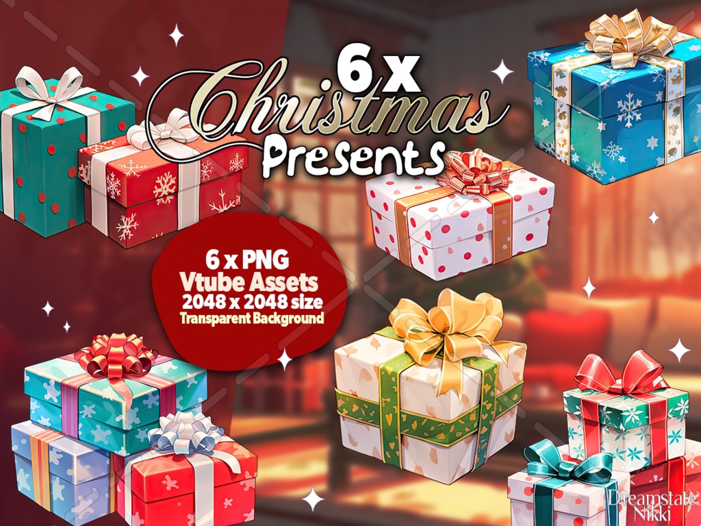 6 x Vtuber Christmas Presents Assets, vtuber, twitch, vtube, xmas assets, overlay, streaming, pngtuber, cozy, festive, cute