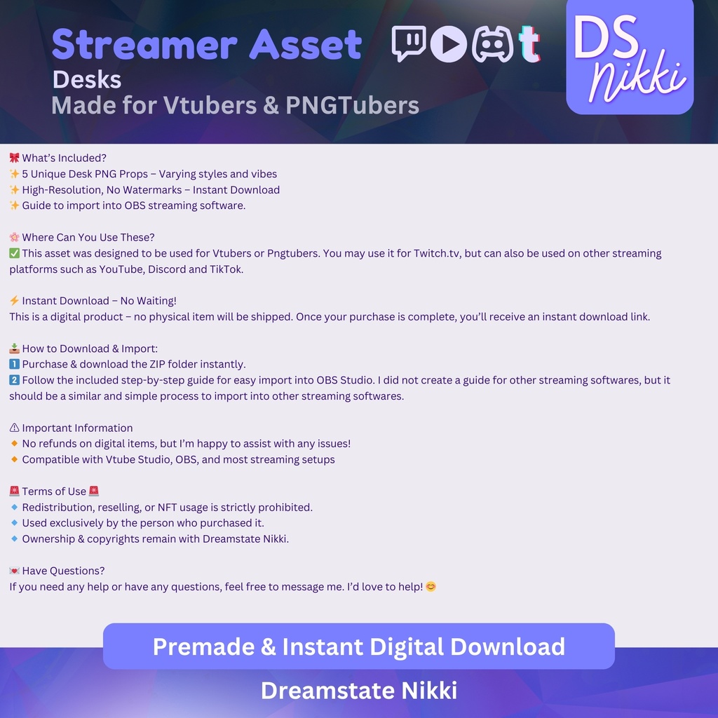 Vtuber Desk PNG Prop Pack | 5x Streamer Tables for Vtube Studio, PNGtuber, Twitch Overlay, Cute Vtuber Asset, Stream Background Decor