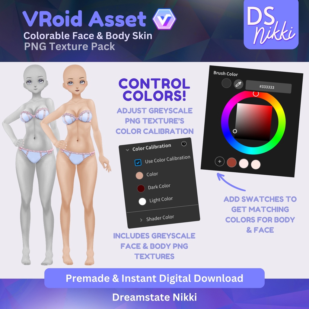 VRoid Skin Texture Pack for Vtubers | Face, Body, Eyelashes, Makeup Custom VRoid Studio Textures for Twitch, YouTube, Streaming