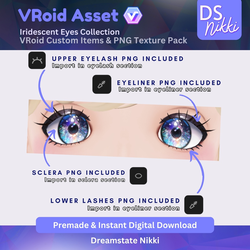 VRoid Eye Collection– Iridescent Anime Eyes for VTuber Model | VRoid Studio Eye PNGs & Custom Items for Streaming, YouTube, Twitch, TikTok