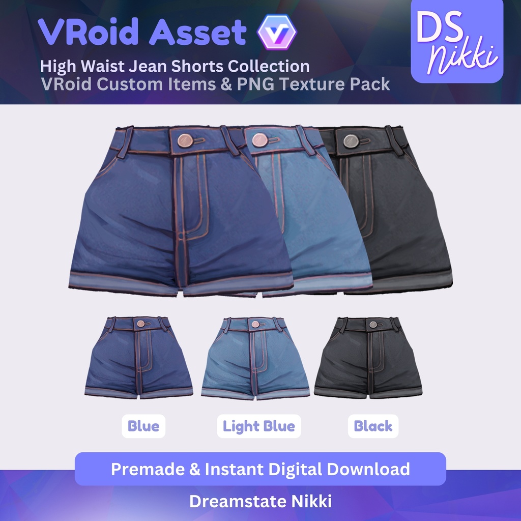 VRoid Studio Outfit – High Waist Jean Shorts Set, VRoid Custom Items & PNG Textures Pack, VTuber Clothes, Digital Asset