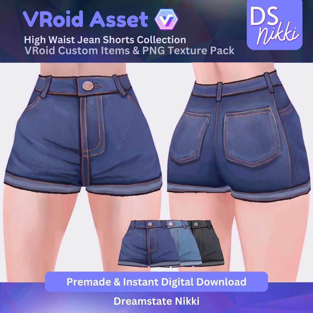 VRoid Studio Outfit – High Waist Jean Shorts Set, VRoid Custom Items & PNG Textures Pack, VTuber Clothes, Digital Asset