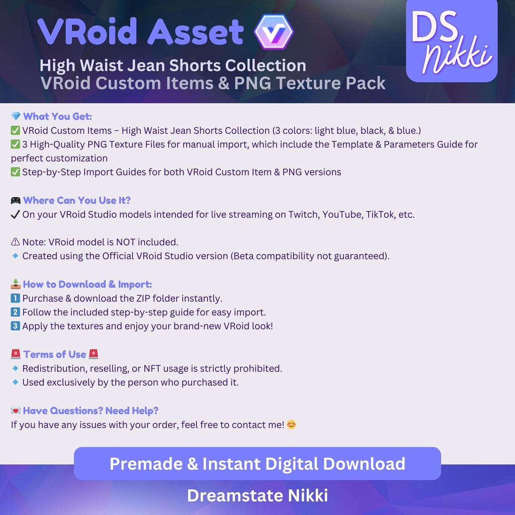 VRoid Studio Outfit – High Waist Jean Shorts Set, VRoid Custom Items & PNG Textures Pack, VTuber Clothes, Digital Asset