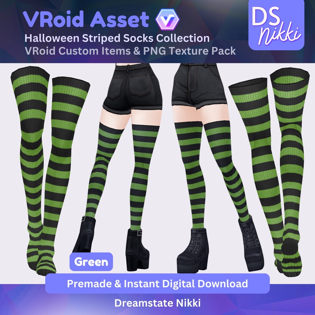 VRoid Studio Outfit – Stylish Halloween Striped Socks, VRoid Custom Items & PNG Textures Pack, VTuber Clothes, Digital Asset