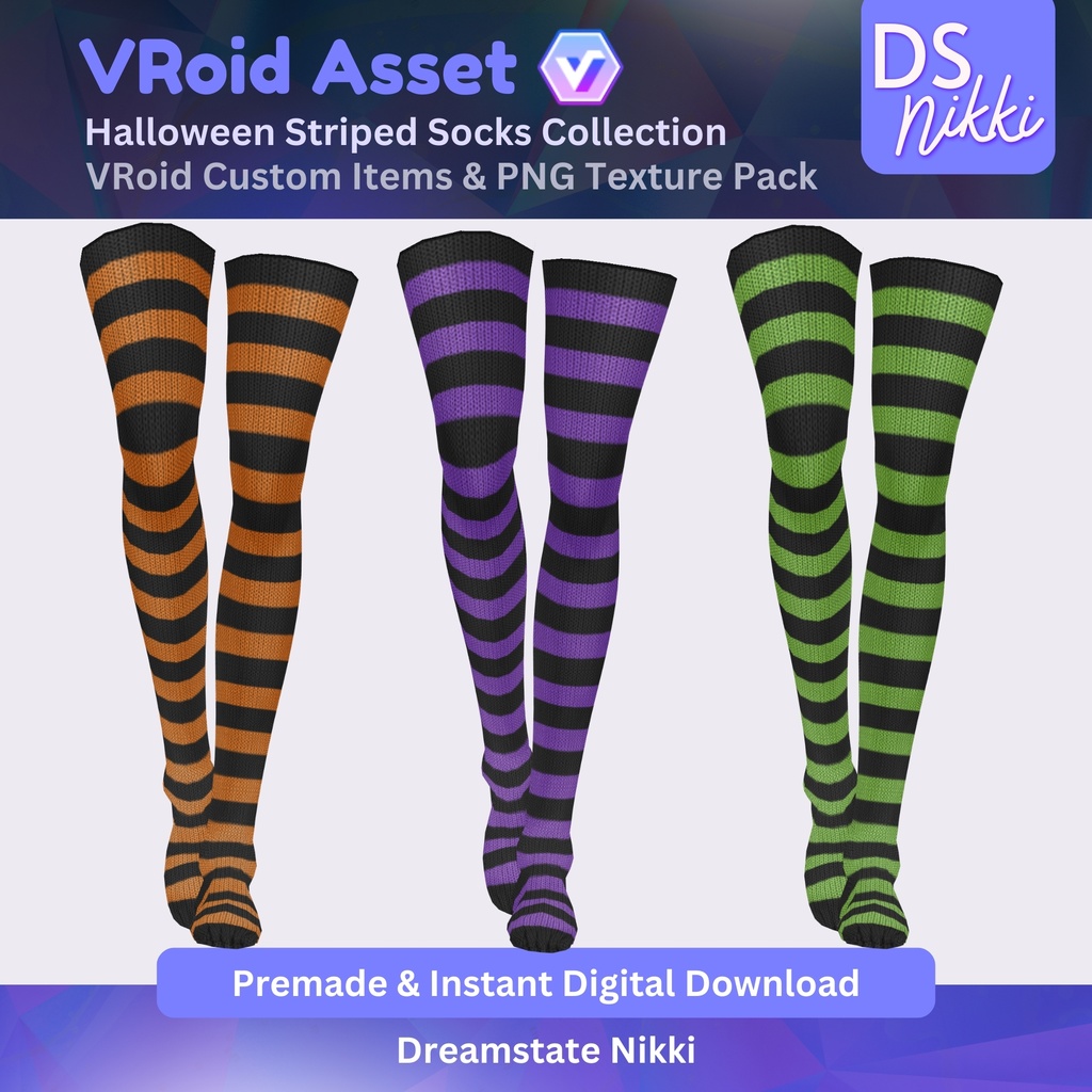 VRoid Studio Outfit โ Stylish Halloween Striped Socks, VRoid Custom Items & PNG Textures Pack, VTuber Clothes, Digital Asset