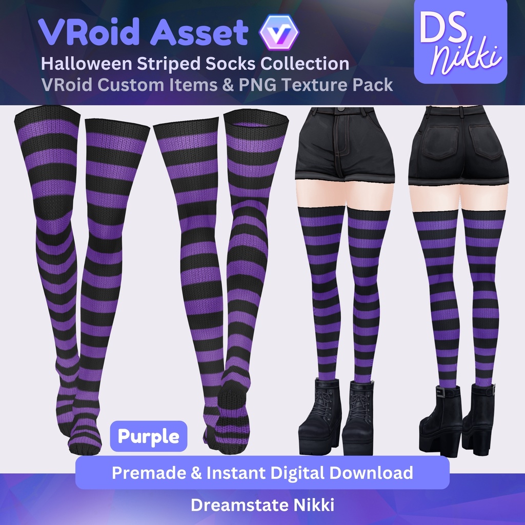 VRoid Studio Outfit – Stylish Halloween Striped Socks, VRoid Custom Items & PNG Textures Pack, VTuber Clothes, Digital Asset