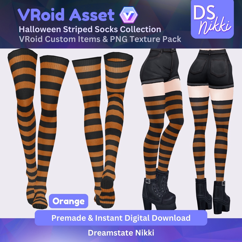 VRoid Studio Outfit – Stylish Halloween Striped Socks, VRoid Custom Items & PNG Textures Pack, VTuber Clothes, Digital Asset