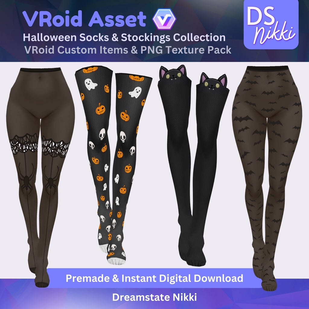 VRoid Studio Outfit – Stylish Halloween Socks Stockings, VRoid Custom Items & PNG Textures Pack, VTuber Clothes, Digital Asset